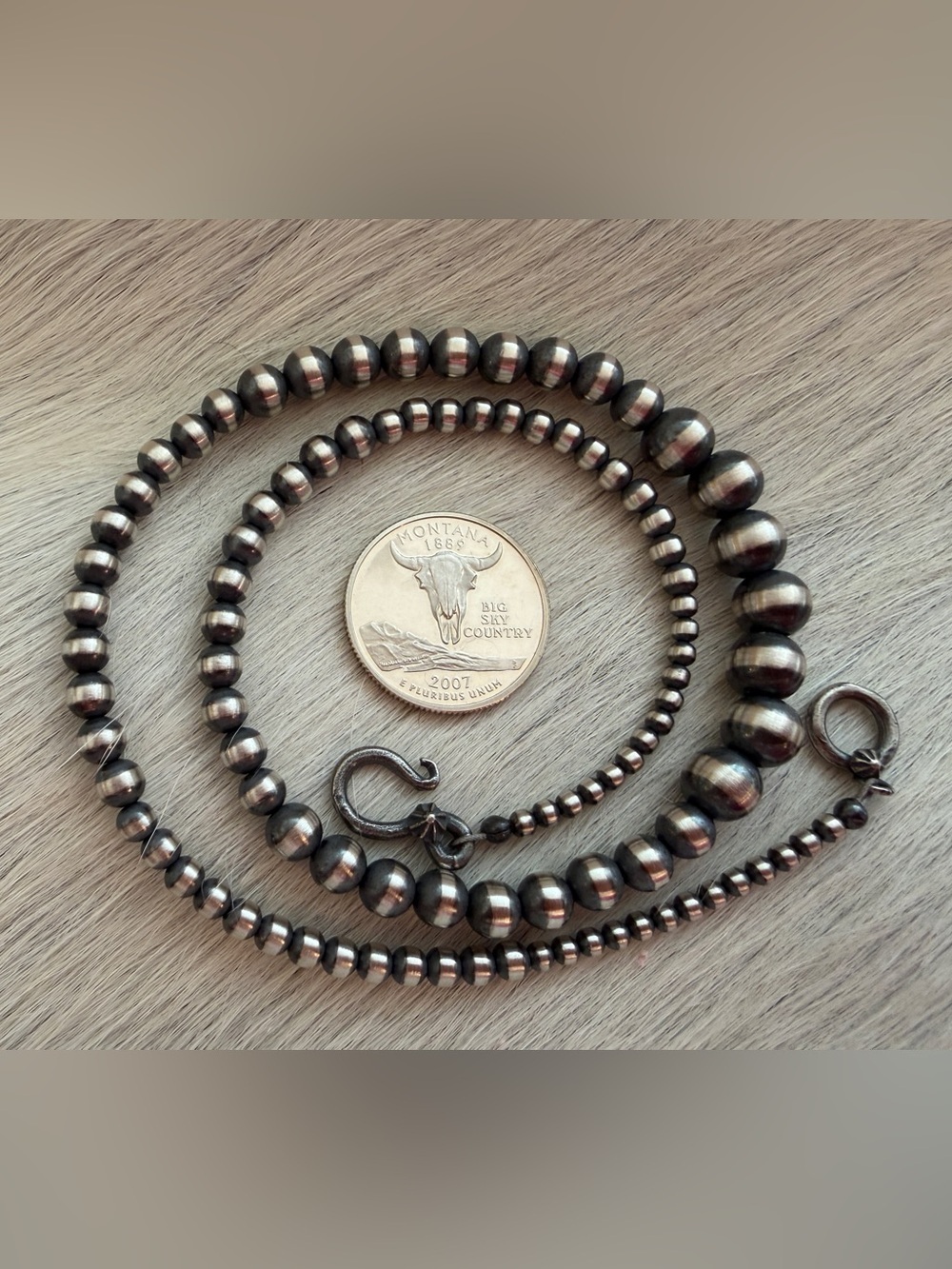 ❤️ 18” 3mm to 8mm Graduated Desert Pearls Navajo Beads Necklace Sterling Unisex - Picture 4 of 9